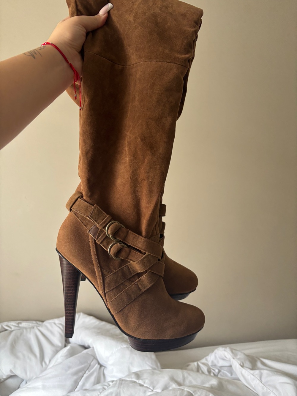 Suede High-Heel Knee Boots with Buckle Straps - Brown